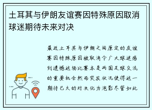 土耳其与伊朗友谊赛因特殊原因取消球迷期待未来对决