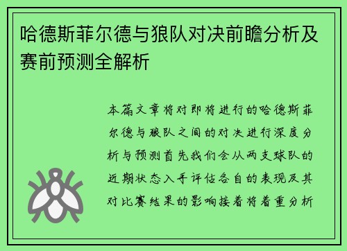 哈德斯菲尔德与狼队对决前瞻分析及赛前预测全解析