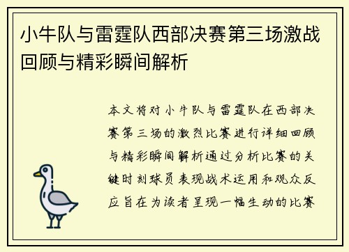 小牛队与雷霆队西部决赛第三场激战回顾与精彩瞬间解析