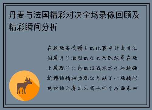 丹麦与法国精彩对决全场录像回顾及精彩瞬间分析