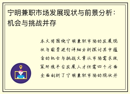 宁明兼职市场发展现状与前景分析：机会与挑战并存