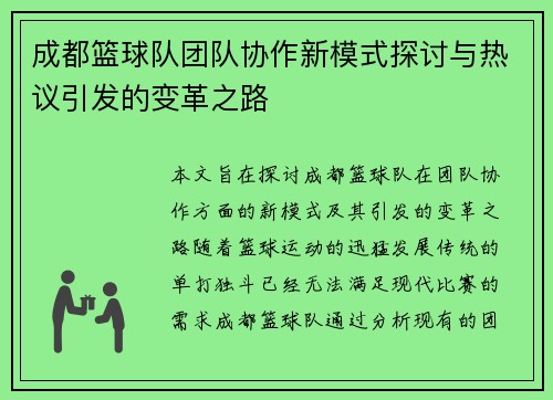 成都篮球队团队协作新模式探讨与热议引发的变革之路