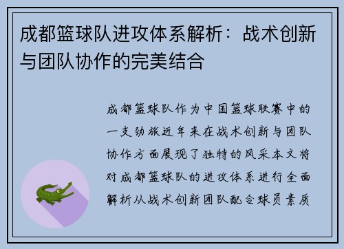 成都篮球队进攻体系解析：战术创新与团队协作的完美结合